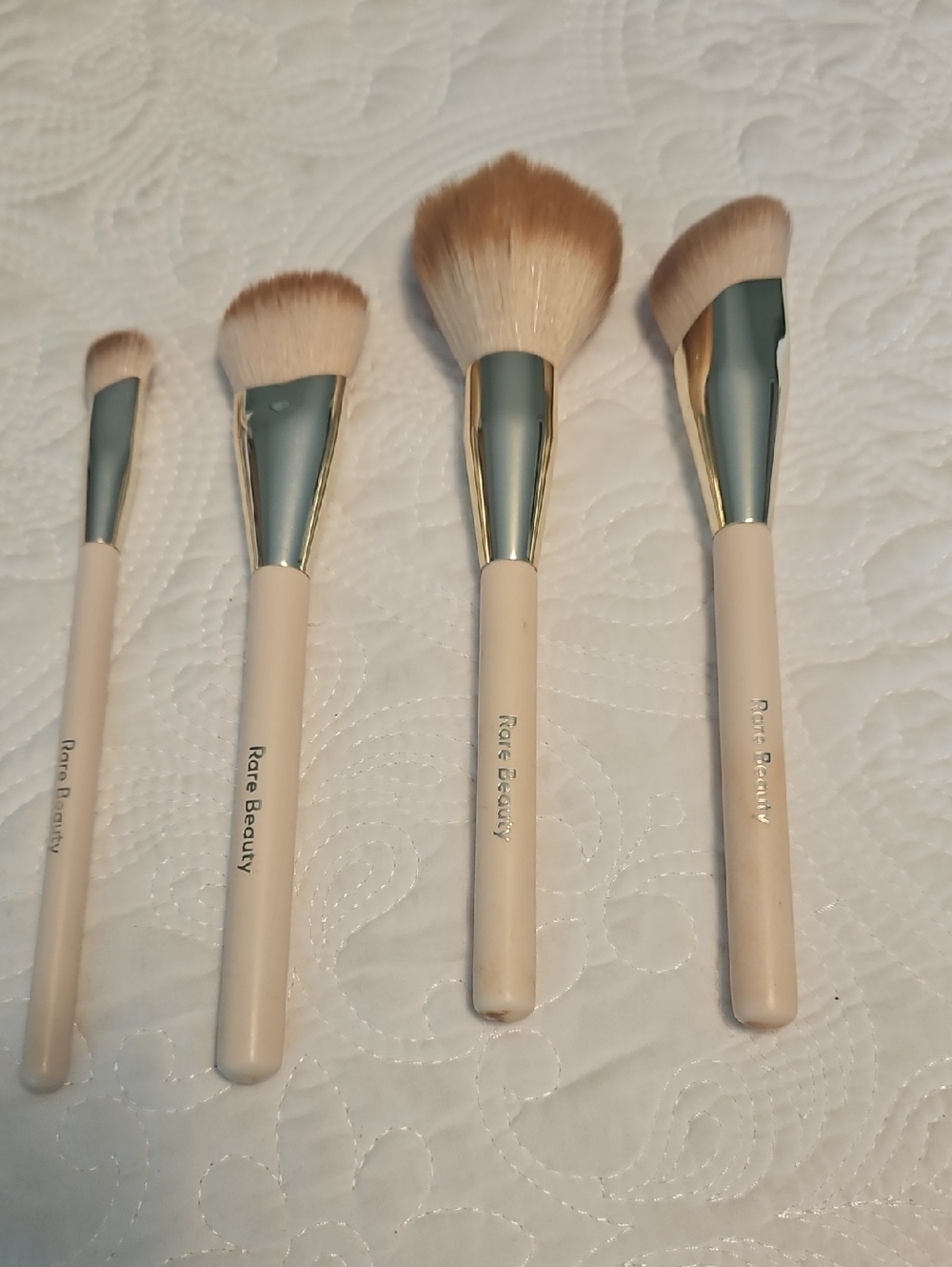 Rare Beauty Beige and Teal Handle Makeup Brush Set with Gold Ferrules - 4 Pc